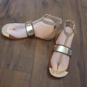 Gianni Bini Brown Leather Gold Plate Ankle‎ Strap Sandals
